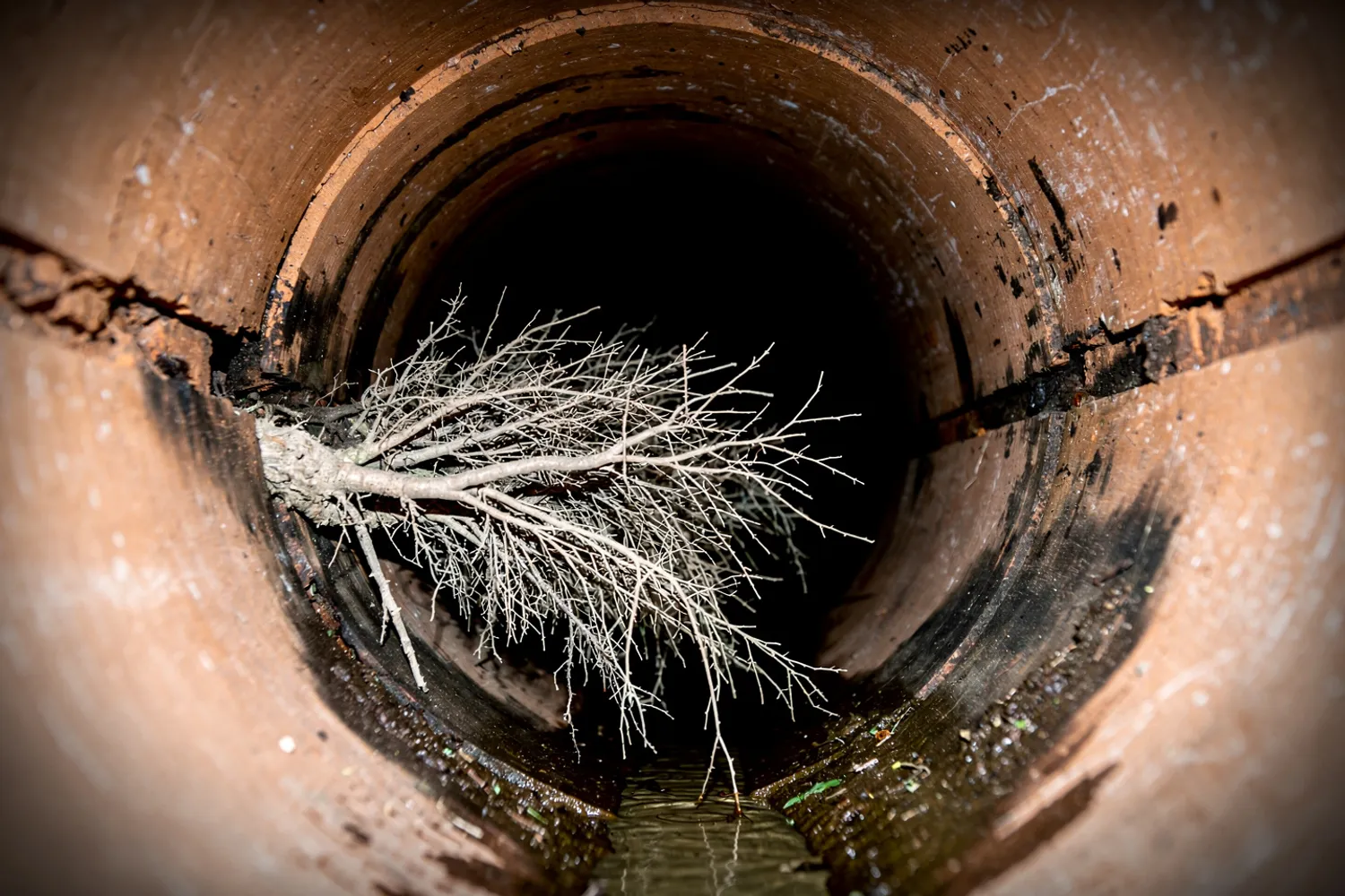 CCTV still before relining: root mass entering a cracked earthenware joint at the 6.2 metre mark