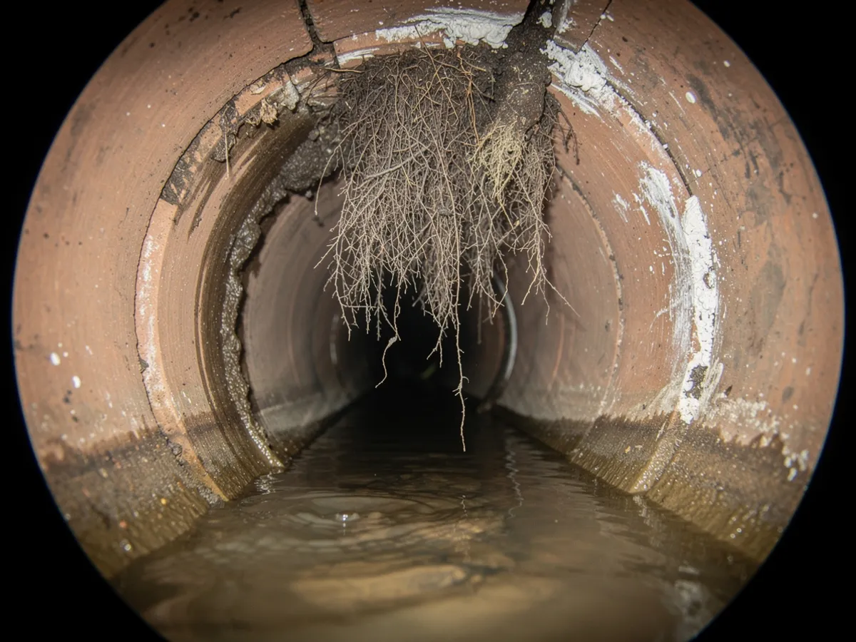 CCTV still before relining: fig roots entering a cracked earthenware joint