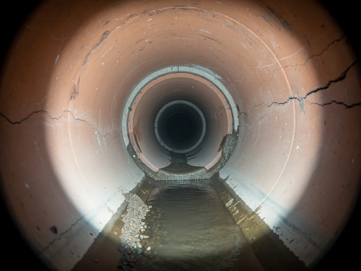 CCTV still before relining: a displaced joint in a 150mm boundary main